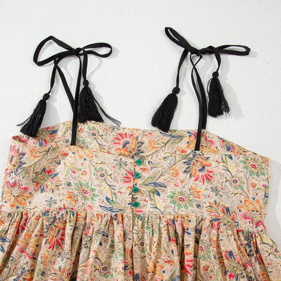 B263 Apricot Floral Print Spaghetti Straps Ruffled Peplum Tank Top - Picture 8 of 13